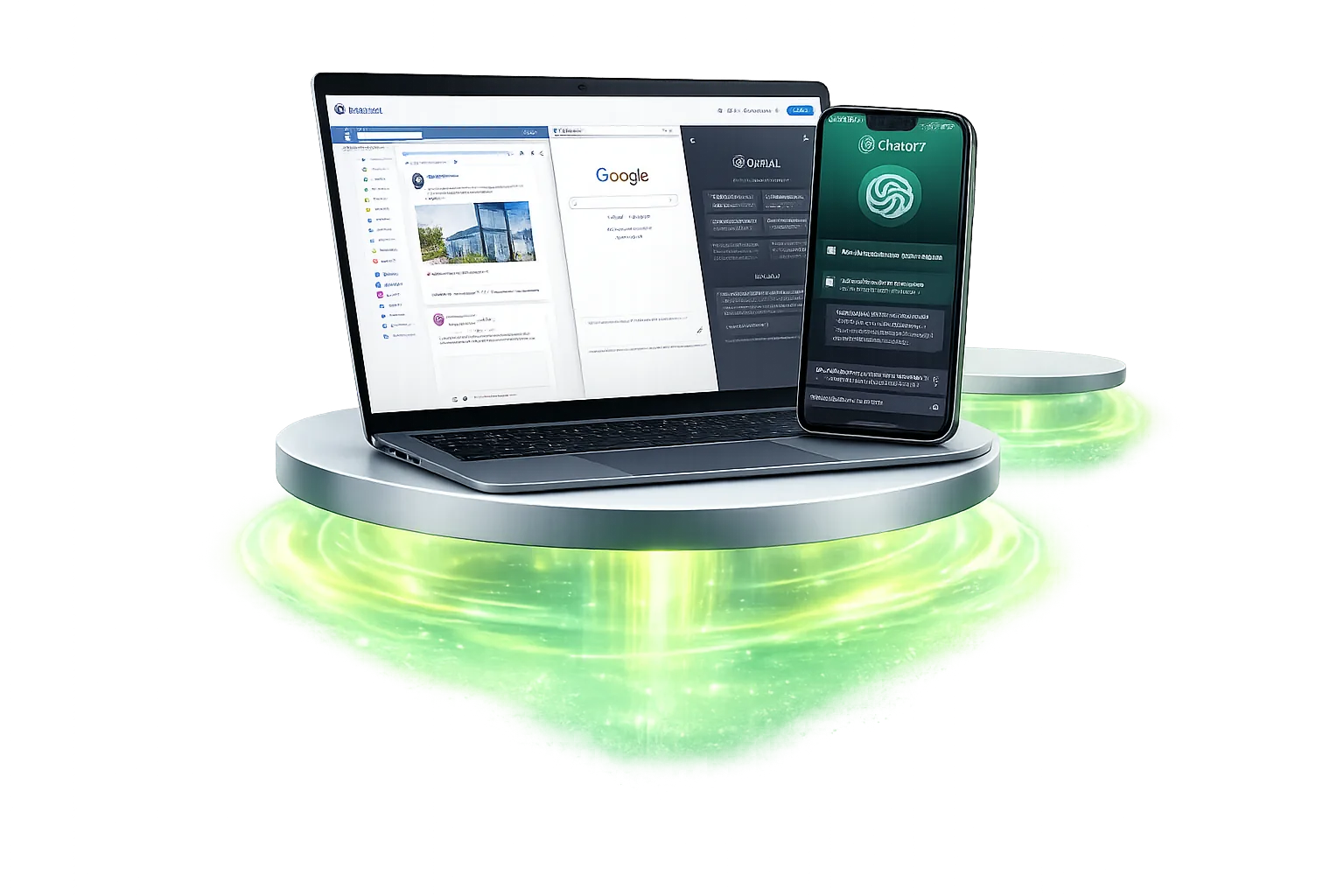 AI business services shown across laptop and mobile devices